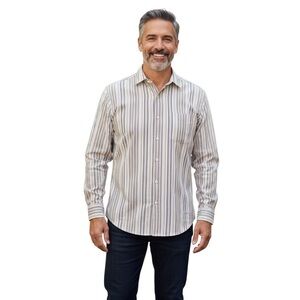 Men’s Pronto Uomo striped non iron 100% cotton shirt chest pocket blue/tan xl